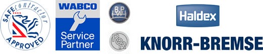 Logos: SAFEcontractor Approved, WABCO Service Partner, BPW, ROR, Haldex and Knorr-Bremse